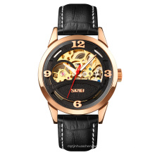 SKMEI 9226 Luxury Men Leather Strap Automatic Movemet Gold Skeleton Mechanical Watch
